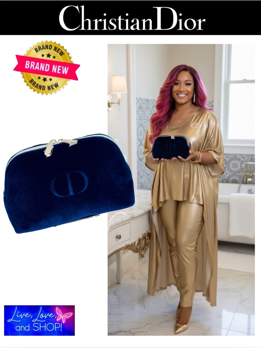 DIOR Navy Blue Velvet Makeup Pouch w/Dust Bag, NWOT